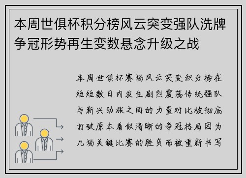 本周世俱杯积分榜风云突变强队洗牌争冠形势再生变数悬念升级之战 本周世俱杯积分榜风云突变强队洗牌争冠形势再生变数悬念升级之战